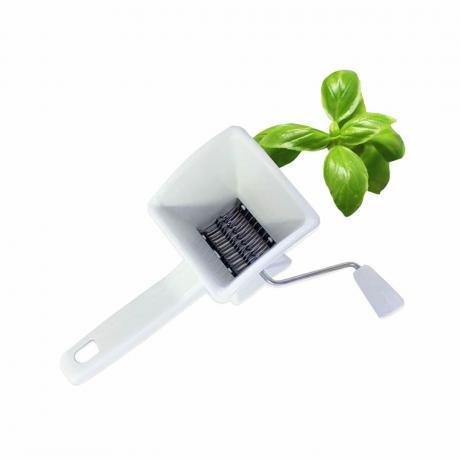 Cuisinox Rotačný sekáčik na bylinky v bielej farbe s bazalkou navrchu