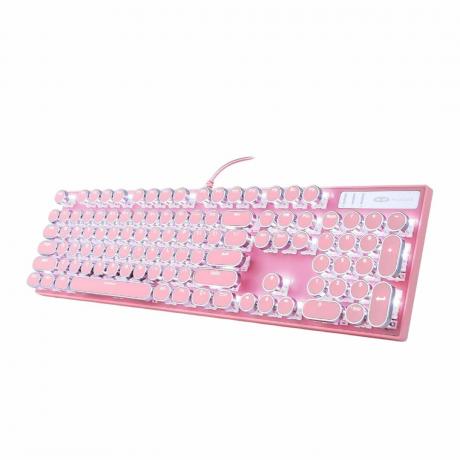 Et lyserødt tastatur i skrivemaskinestil