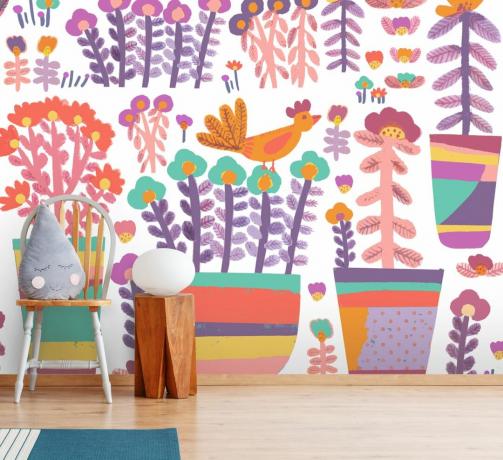 Come arredare la cameretta di un bambino: cameretta per bambini con murale floreale colorato di wallsauce