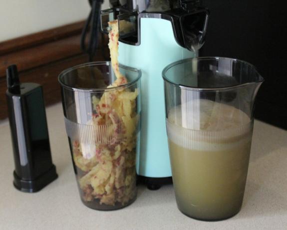 Camryn Rabideau preparando suco de maçã e abacaxi usando o Dash Compact Power Juicer com copo para decantar resíduos de polpa