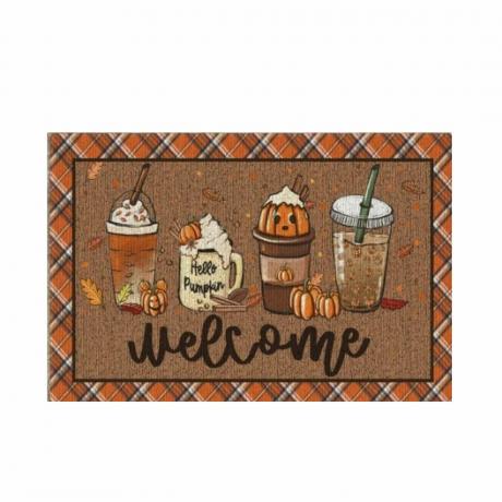 Eine Herbst-Fußmatte mit Kaffee-Illustrationen darauf