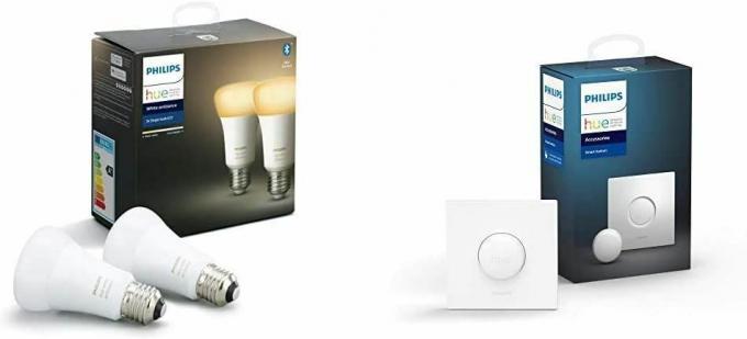 Paquete doble de bombillas inteligentes Philips Hue White Ambiance con Bluetooth + paquete de botones inteligentes