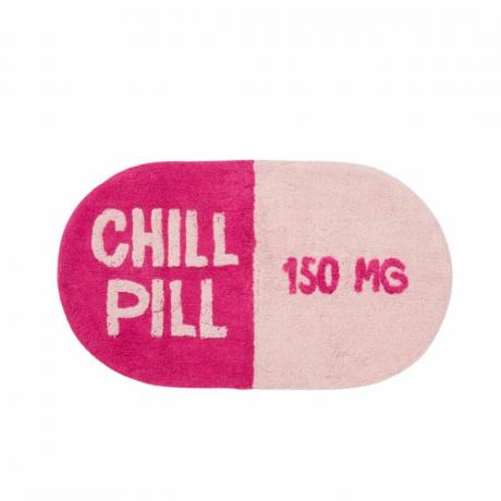 Ein rosa Teppich mit der Aufschrift „Chill Pill 150 mg“