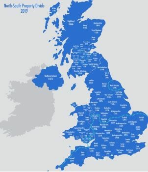 division des prix immobiliers nord-sud du Royaume-Uni 2019
