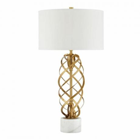 Lampa s bílým stínidlem a zlatým tkaným podstavcem