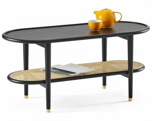 Table basse Harmati pour salon - Table d'appoint noire avec rangement, Tables modernes du milieu du siècle, Pieds en bois massif et rotin naturel