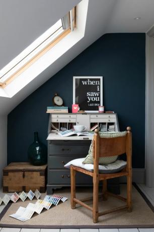 Rumah Pippa Jones: sudut kantor rumah dengan dinding biru tua di bawah lampu atap miring, biro dicat biru tua, kursi kayu dan cetakan monokrom 'Ketika saya melihat Anda'