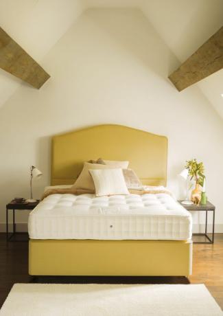 Tonozlu bir tavan odasında sarı bir yatakta Harrison Spinks şilte