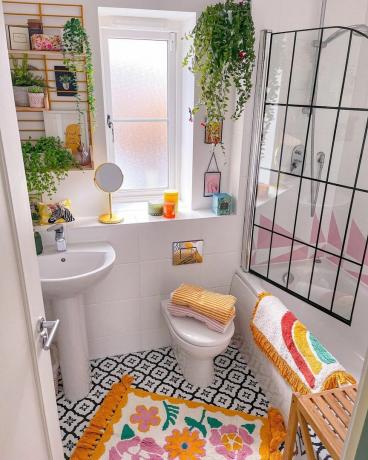 Vonios kambarys su spalvingais rankšluosčiais ir augalais