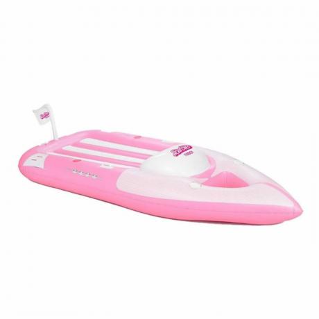 Een floatie in de vorm van een speedboot in de vorm van een barbie-thema