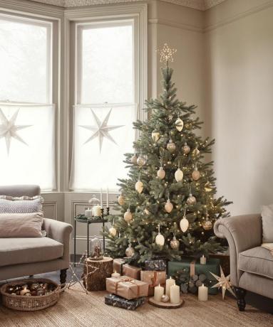 árbol de navidad en la sala de estar junto a las ventanas