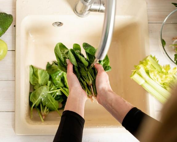 žmogus plauna kriauklėje daržoves ir salotų lapus