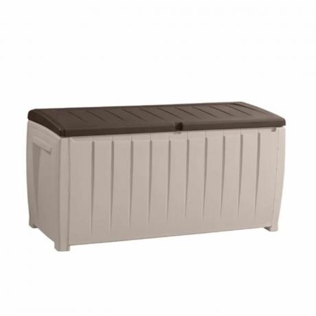 Una caja de almacenamiento exterior de color marrón claro con una tapa marrón