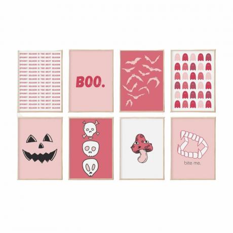 Una collezione di decorazioni da parete rosa a tema Halloween