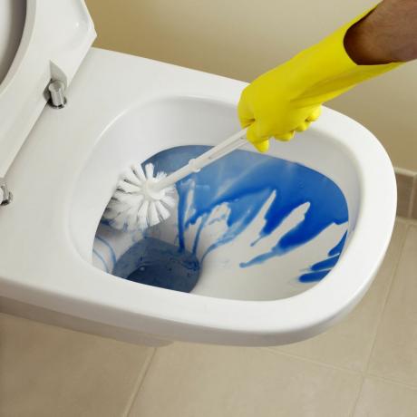 pulire un bagno con un detergente per WC blu e uno scopino mentre si indossano guanti di gomma