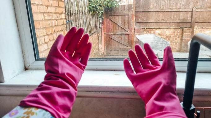 Две ръце с розови гумени ръкавици, срещу прозорец