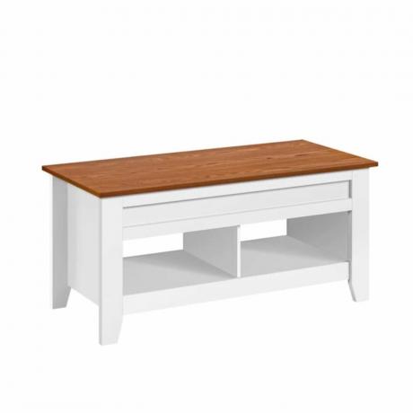 Un tavolino bianco con piano in legno marrone