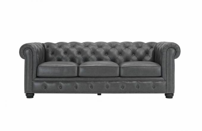 Pilkos spalvos odinė Chesterfield sofa