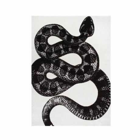 Un tappeto bianco con sopra un serpente nero
