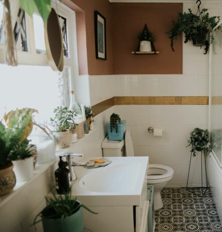 neliela taupe boho vannas istaba ar pārāk daudz augu blakus izlietnei un tualetei