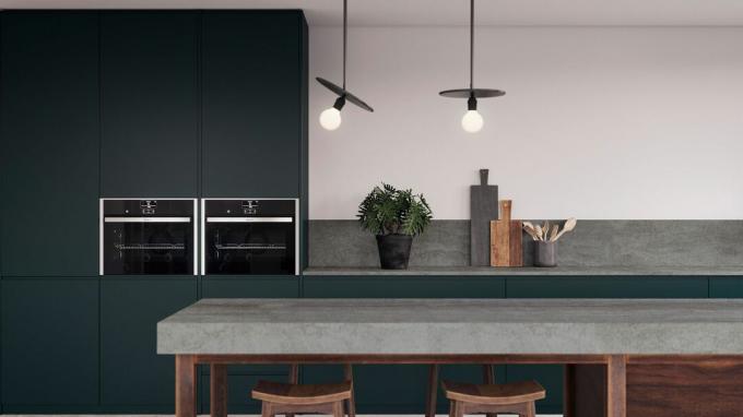 Encimeras de ingeniería en una cocina gris minimalista con plantas de interior y luces de techo bajas