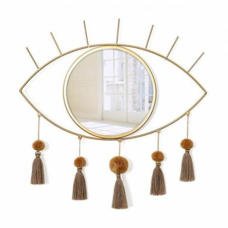 Oglindă decorativă de perete cu design de ochi rău, cu ciucuri cu pompon