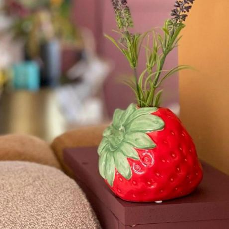 横に赤いイチゴの花瓶 