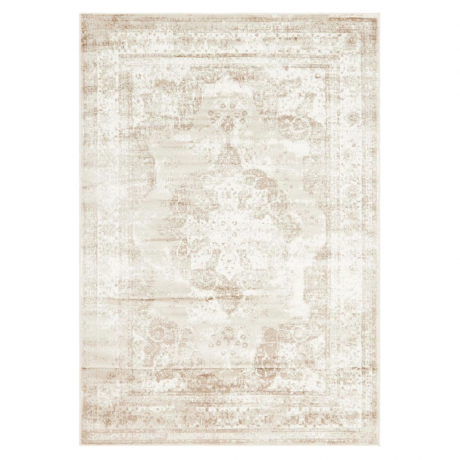 Un tappeto bianco e beige con motivi neutri caldi