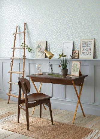 Schreibtisch mit blauer Tapete und botanischen Displays