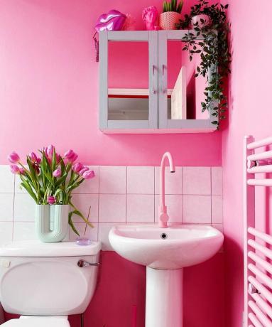 Kamar mandi berwarna merah muda cerah