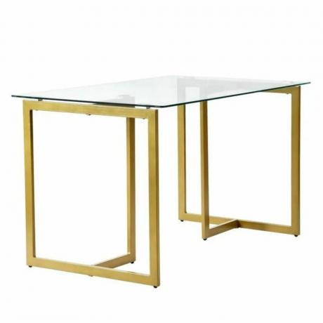 Stiklinis valgomojo stalas auksinėmis kojomis