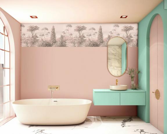 Ρουζ ροζ μπάνιο με πράσινη μέντα ματαιοδοξία και καμάρα με καθρέφτη από Woodchip και Magnolia
