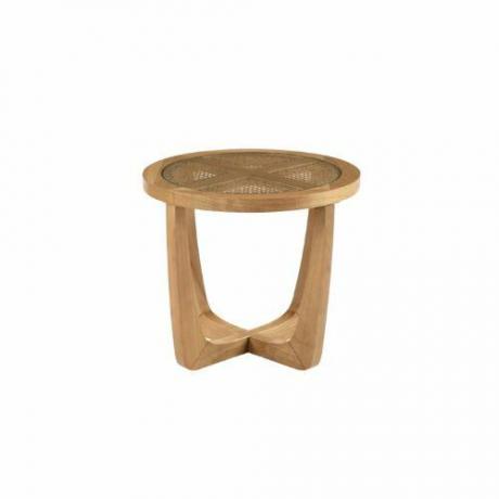 Krásný odkládací stolek z ratanu a skla s masivním dřevěným rámem 