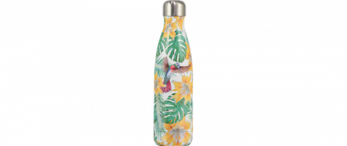 Botella de agua de temática tropical con pájaros y flores.