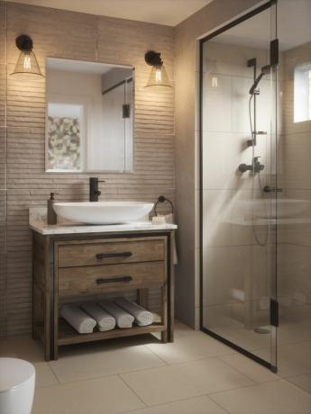 bagno rustico in tonalità neutre, cabina doccia, mobiletto in legno