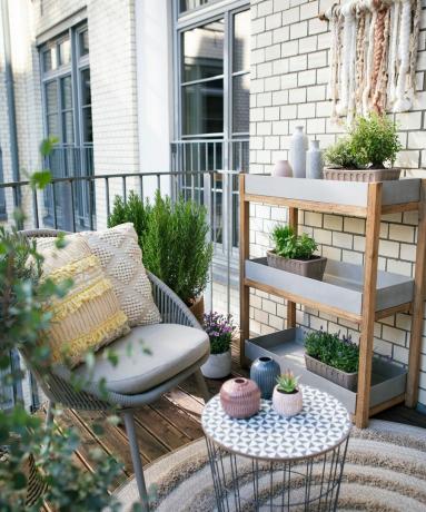 Pequeñas plantas de jardín en contenedores modernos en un colorido balcón con muebles de exterior