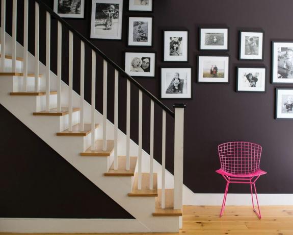 Juodai baltų šeimos nuotraukų galerijos siena prie tamsiai dažytos sienos ir rožinės kėdės