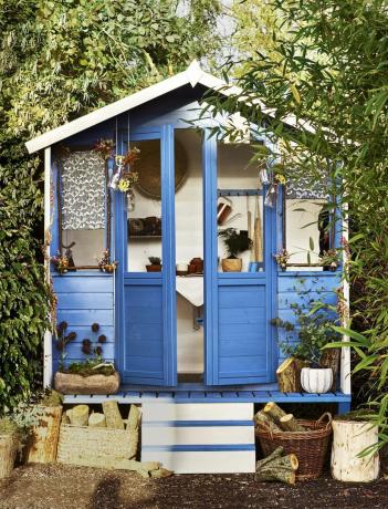 giardino con capannone dipinto di blu da cupriol uk