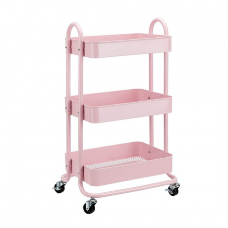 Un carrito de almacenamiento rosa con tres niveles.