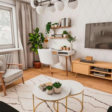 Obývací pokoj kancelář s bílým stolem, kobercem a židlí