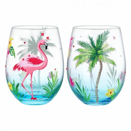Par poslikanih tropskih kozarcev z flamingi