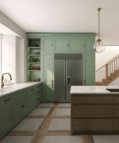 Sage žalia virtuvė su šalavijų žalios spalvos spintelėmis ir tamsios medienos kontrasto sala