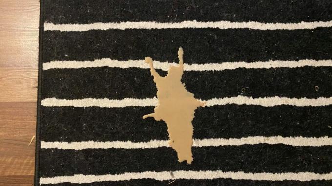 Le tapis à rayures d'Annie, test du nettoyant multi-surfaces BISSELL, avec du café dessus