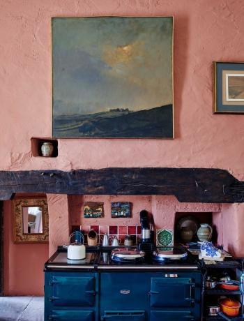 cucina dipinta di rosa con aga blu scuro e caminetto a trave