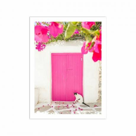 Paveikslėlis su rožinėmis durimis Graikijoje su rožinėmis gėlėmis ir kate