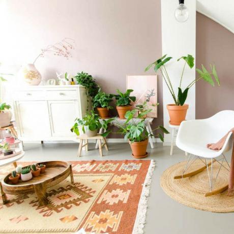 Soggiorno in stile boho con tappeto in stile sud-occidentale e piante d'appartamento in vaso
