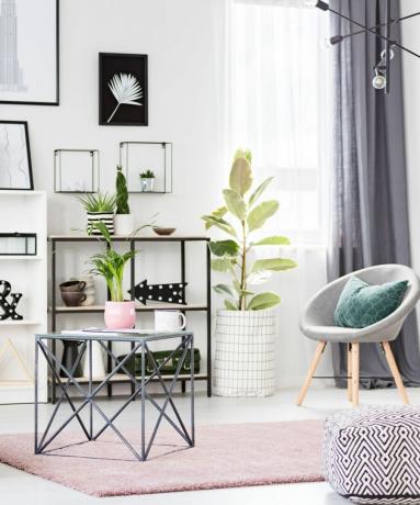 Ett vitt vardagsrum med en svart bokhylla, massor av inramad konst och en grå stol i hörnet.